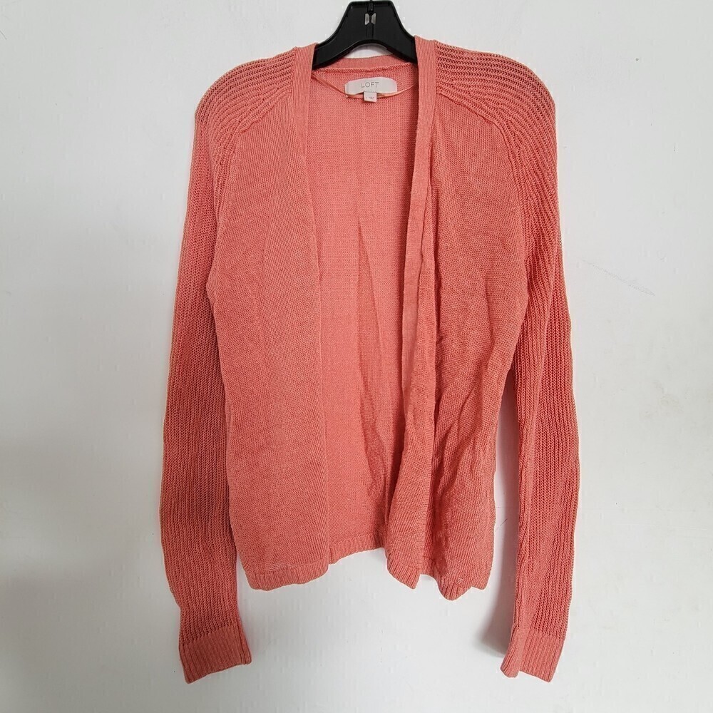 LOFT Linen Open Knit Coral Peach Open Front Long Sleeve Cardigan Sweater Large